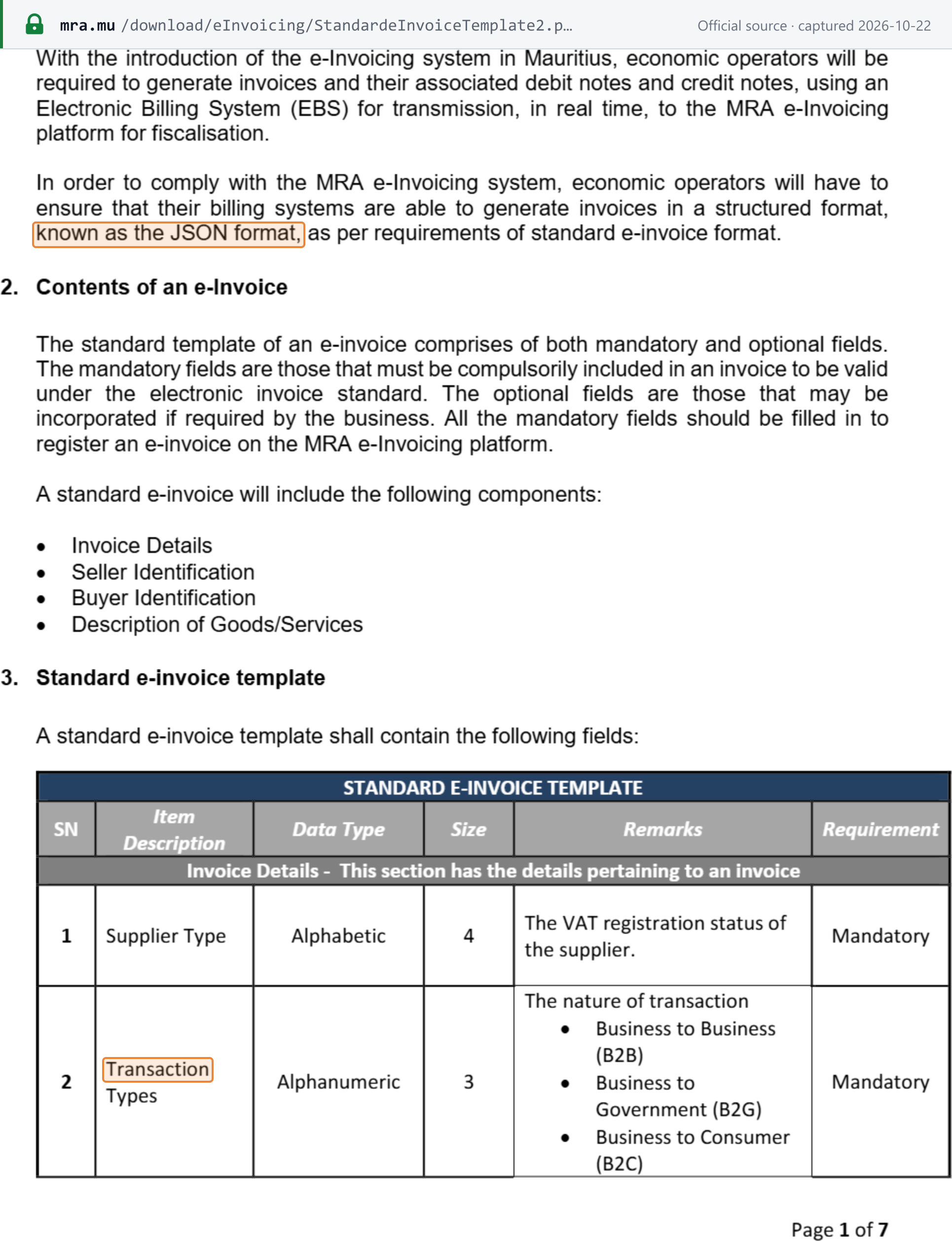 Source snapshot — MRA Standard e-Invoice Template, p.1 (format and scope): billing systems must generate invoices in a structured format "known as the JSON format"; mandatory template fields Supplier Type and Transaction Types, the latter Business to Business (B2B), Business to Government (B2G) and Business to Consumer (B2C)