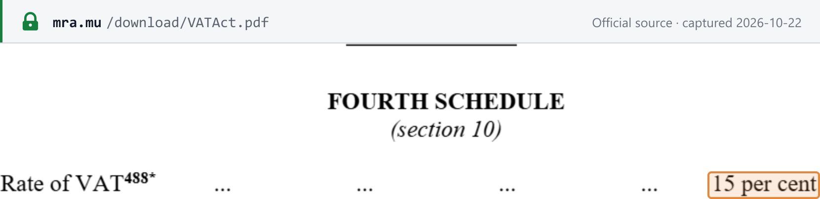 Source snapshot — VAT Act (consolidated up to Finance Act 2026), Fourth Schedule (section 10), standard rate: rate of VAT 15 per cent (boxed)