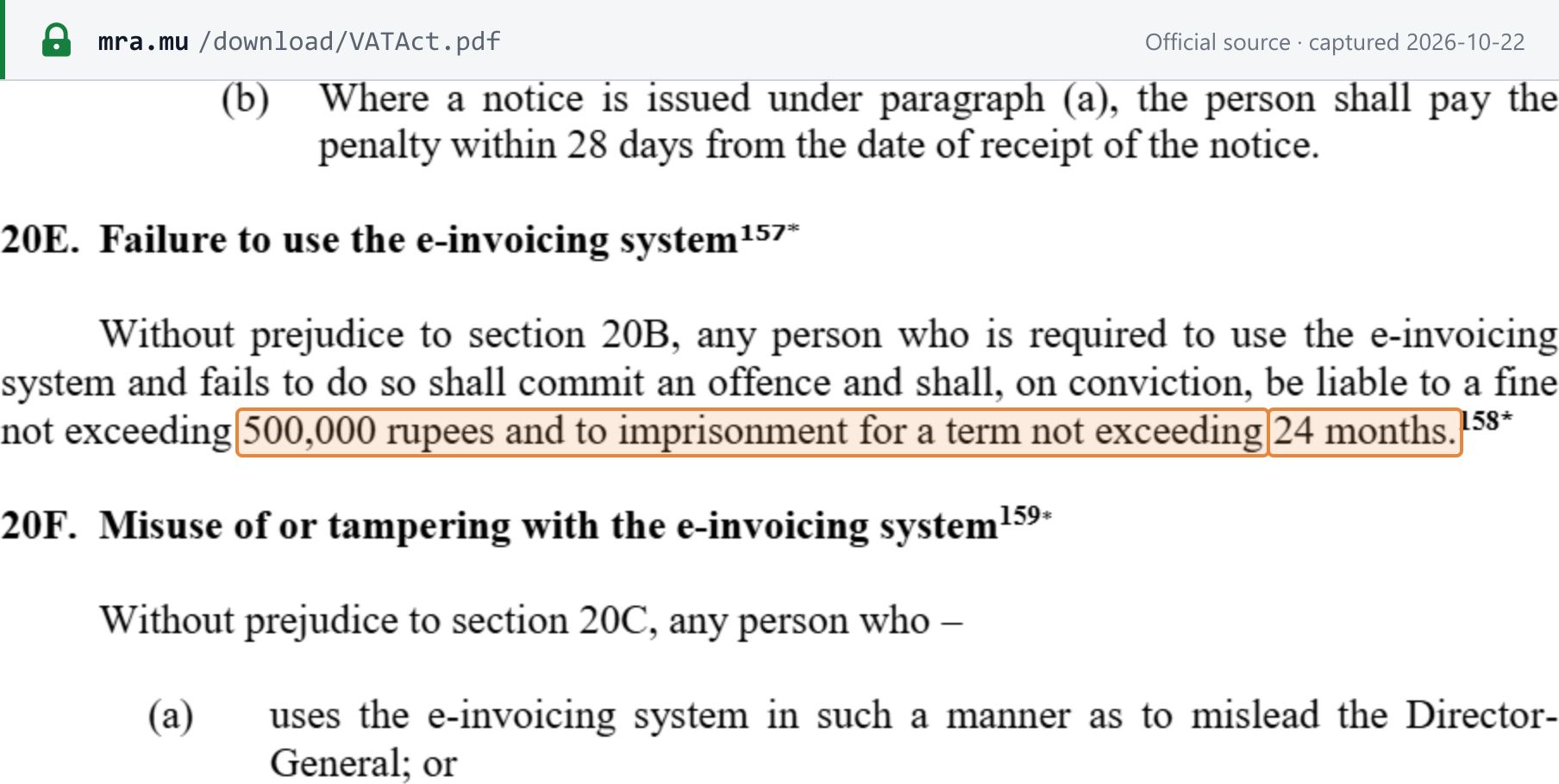 Source snapshot — VAT Act (consolidated up to Finance Act 2026), s.20E offence of failure to use the e-invoicing system: on conviction, a fine not exceeding 500,000 rupees and imprisonment for a term not exceeding 24 months (boxed); start of s.20F, misuse of or tampering with the e-invoicing system