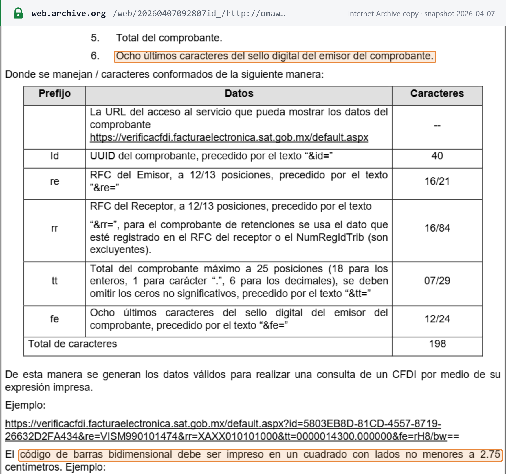 Source snapshot — format: Anexo 20, section I.D: the QR code data on the printed CFDI (verification URL, UUID, issuer and recipient RFC, total, last eight characters of the issuer seal) and the minimum 2.75 cm square