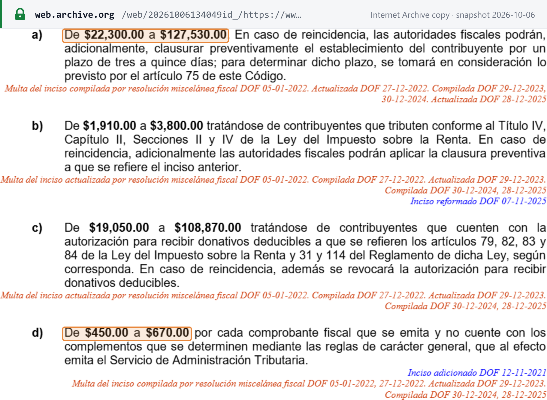 Source snapshot — penalties: CFF article 84 fr. IV: a) MXN 22,300 to 127,530 with possible closure for 3 to 15 days on repeat; b) MXN 1,910 to 3,800; d) MXN 450 to 670 per CFDI without the required complements
