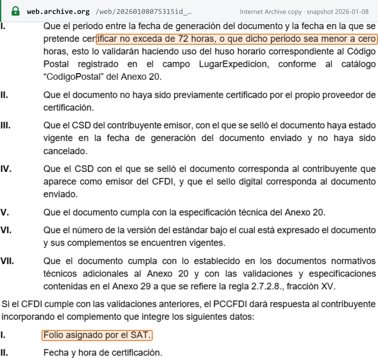 Source snapshot — format and network: RMF 2026, PAC certification rule: validations I–VII (72-hour window, CSD, Anexo 20, current versions, Anexo 29) and the PAC response carrying the folio assigned by the SAT and the certification date and time
