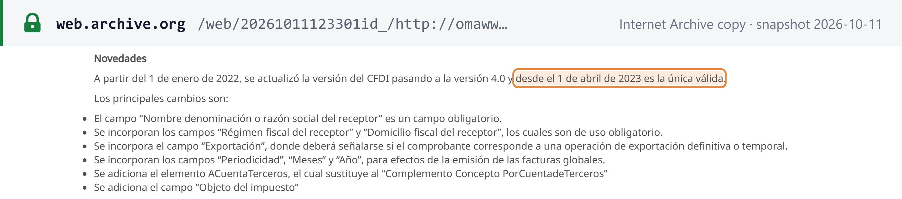 Source snapshot — mandate timeline: SAT Anexo 20 page, Novedades: CFDI version 4.0 from 1 January 2022, the only valid version since 1 April 2023, with the main changes listed