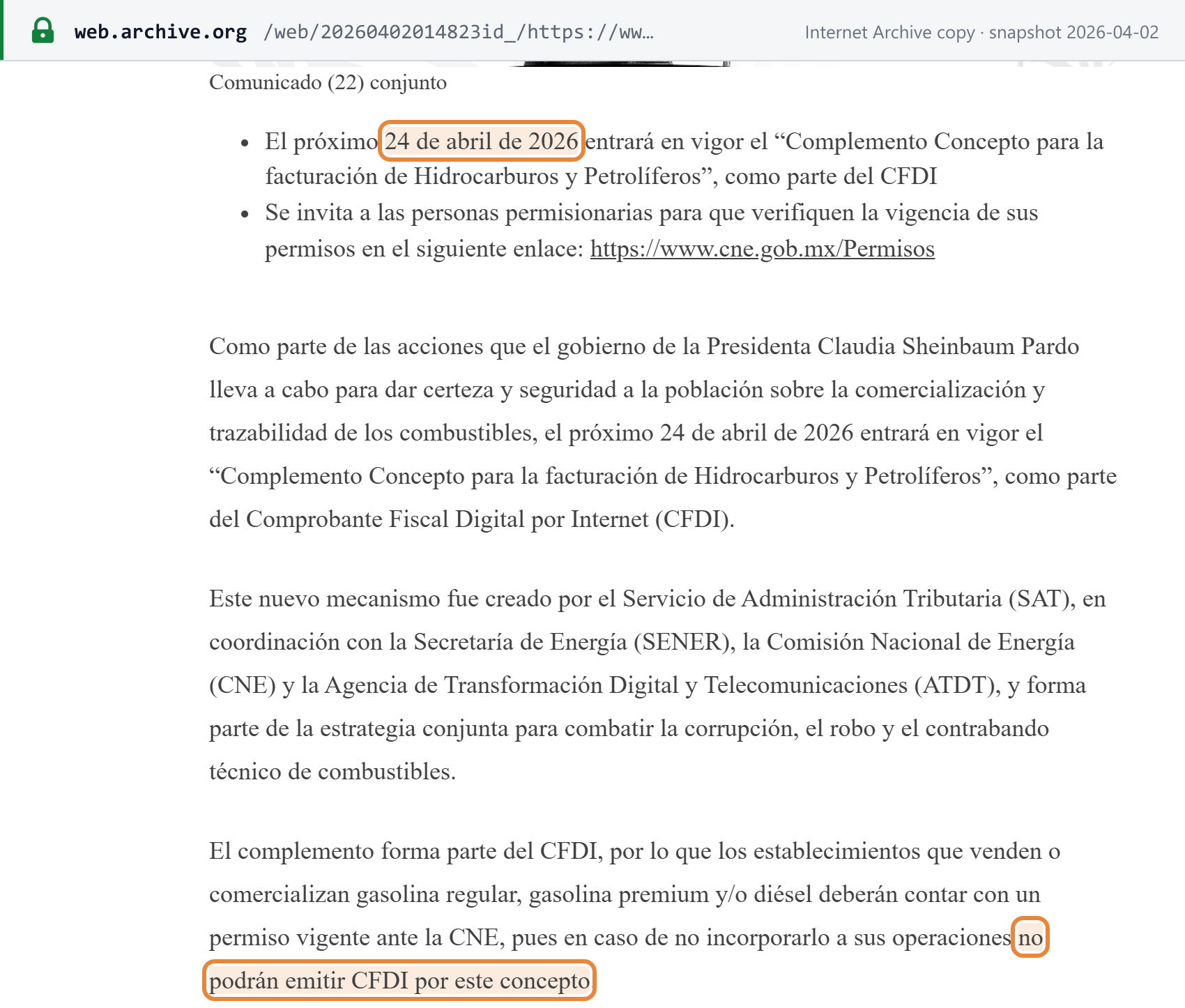 Source snapshot — mandate timeline: SAT joint comunicado (22): the hydrocarbons and petroleum products complement enters into force on 24 April 2026 as part of the CFDI; gasoline and diesel sellers without it cannot issue CFDIs for those sales