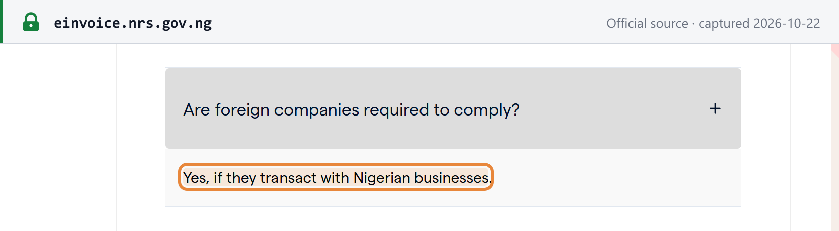 Source snapshot — NRS MBS portal FAQ (scope, non-residents): "Are foreign companies required to comply?" — "Yes, if they transact with Nigerian businesses" (boxed)