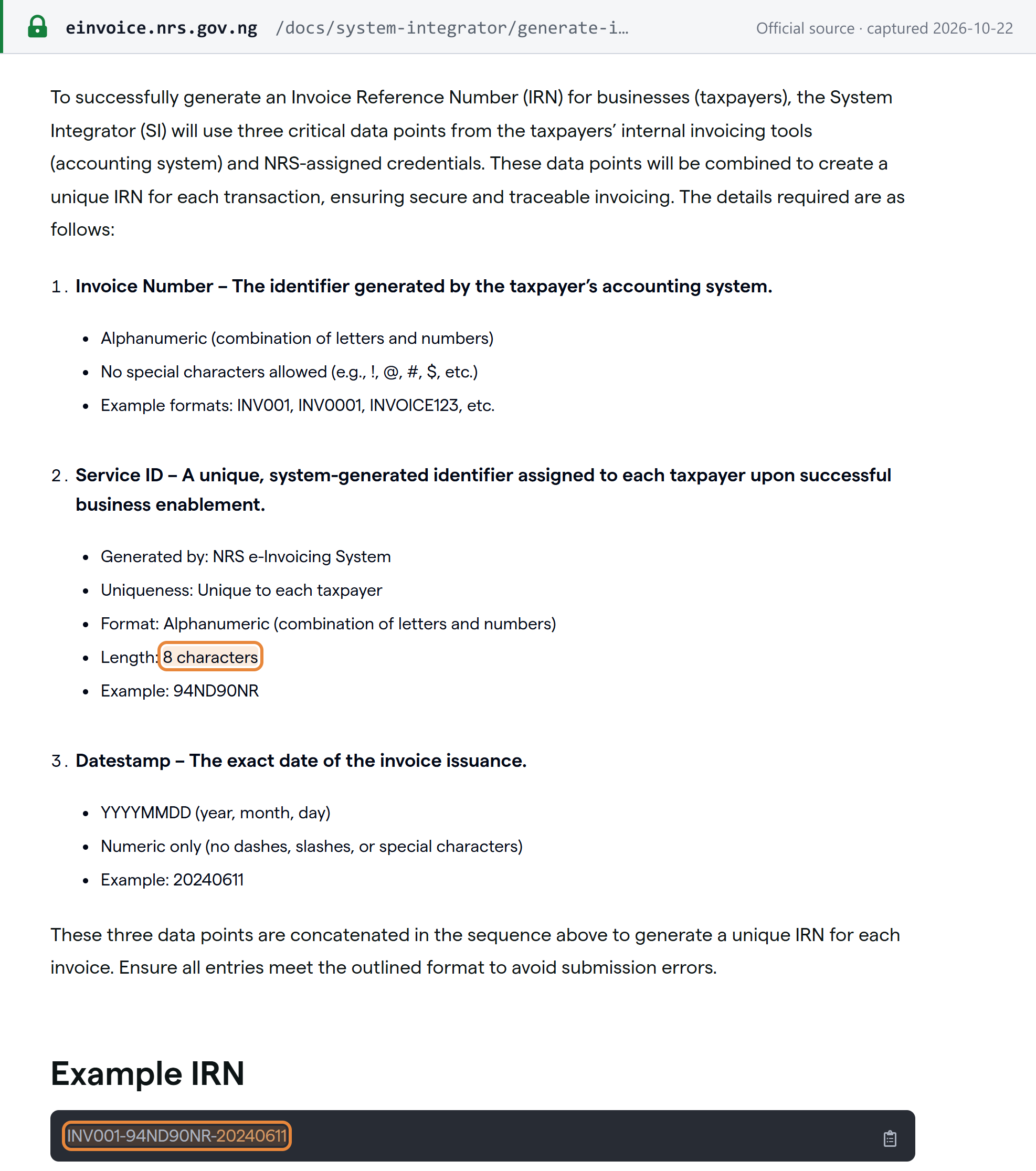 Source snapshot — NRS MBS API documentation, generate IRN (format): the IRN is built from the invoice number, the 8-character NRS Service ID (boxed) and the YYYYMMDD datestamp, concatenated in that order; example IRN INV001-94ND90NR-20240611 (boxed)