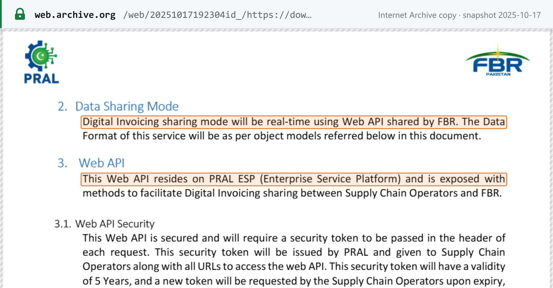 Source snapshot — format and network: PRAL Technical Specification for DI API v1.12, sections 2 and 3: Digital Invoicing sharing mode is real-time using a Web API shared by FBR, residing on PRAL ESP; security token issued by PRAL, valid 5 years