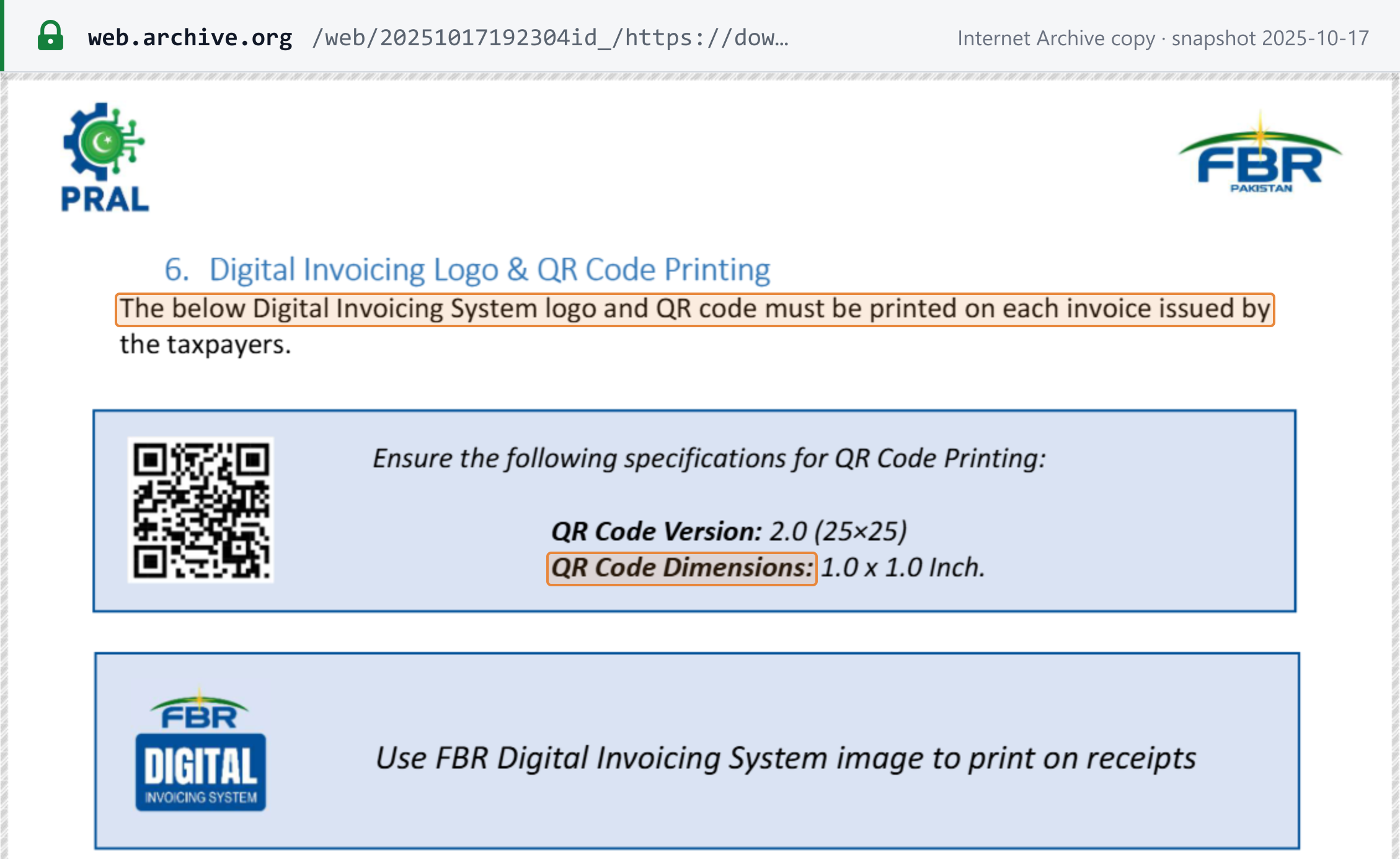 Source snapshot — format: PRAL DI API v1.12 section 6, the Digital Invoicing System logo and QR code must be printed on each invoice; QR code version 2.0 (25×25), 1.0 x 1.0 inch
