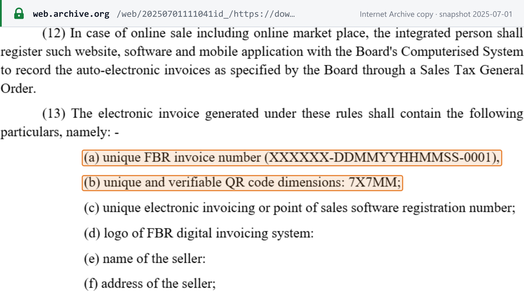 Source snapshot — format: Sales Tax Rules r.150R(13) as substituted by S.R.O. 69(I)/2025, e-invoice particulars (a) unique FBR invoice number in the format XXXXXX-DDMMYYHHMMSS-0001 and (b) QR code dimensions 7X7MM, with the software registration number and FBR digital invoicing logo