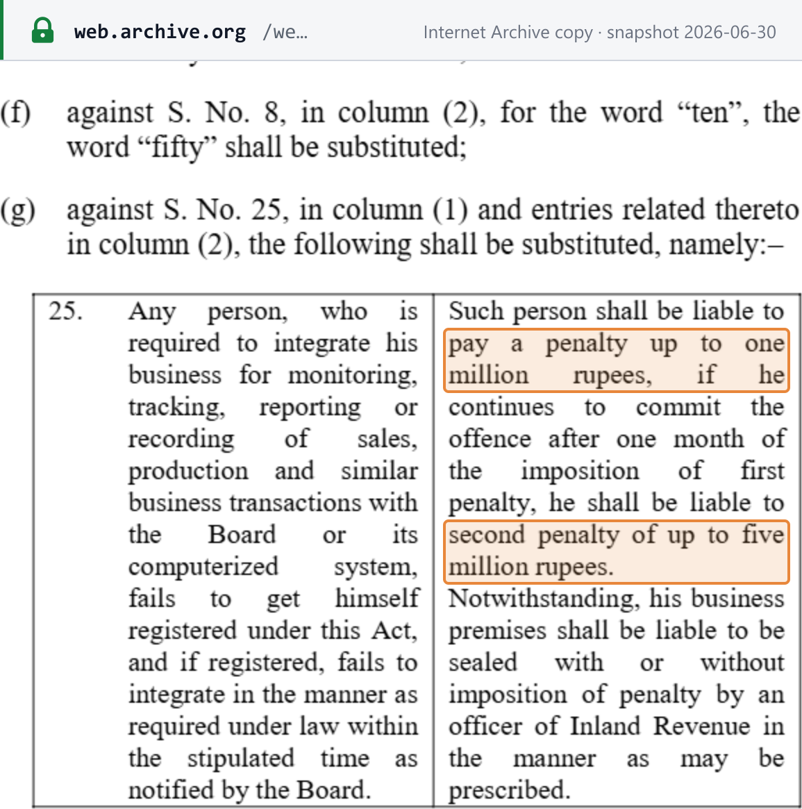 Source snapshot — penalties: Finance Act, 2026 (Act No. XLIII of 2026), substituted s.33 entry 25, failure to integrate within the time notified by the Board, penalty up to one million rupees, then a second penalty up to five million rupees; premises may be sealed