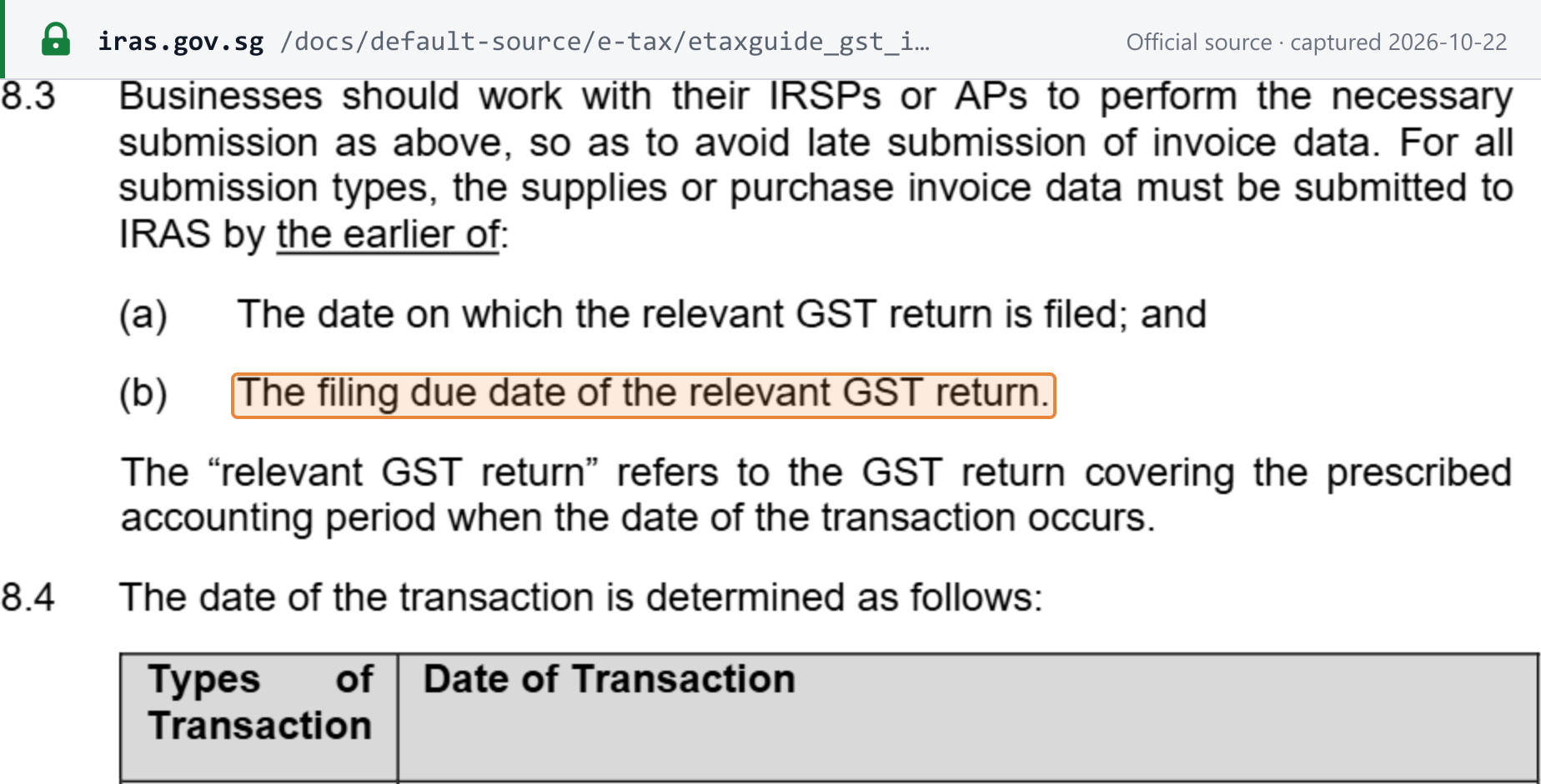 Source snapshot — IRAS e-Tax Guide §8.3: for all submission types, invoice data must reach IRAS by the earlier of the date the relevant GST return is filed and its filing due date