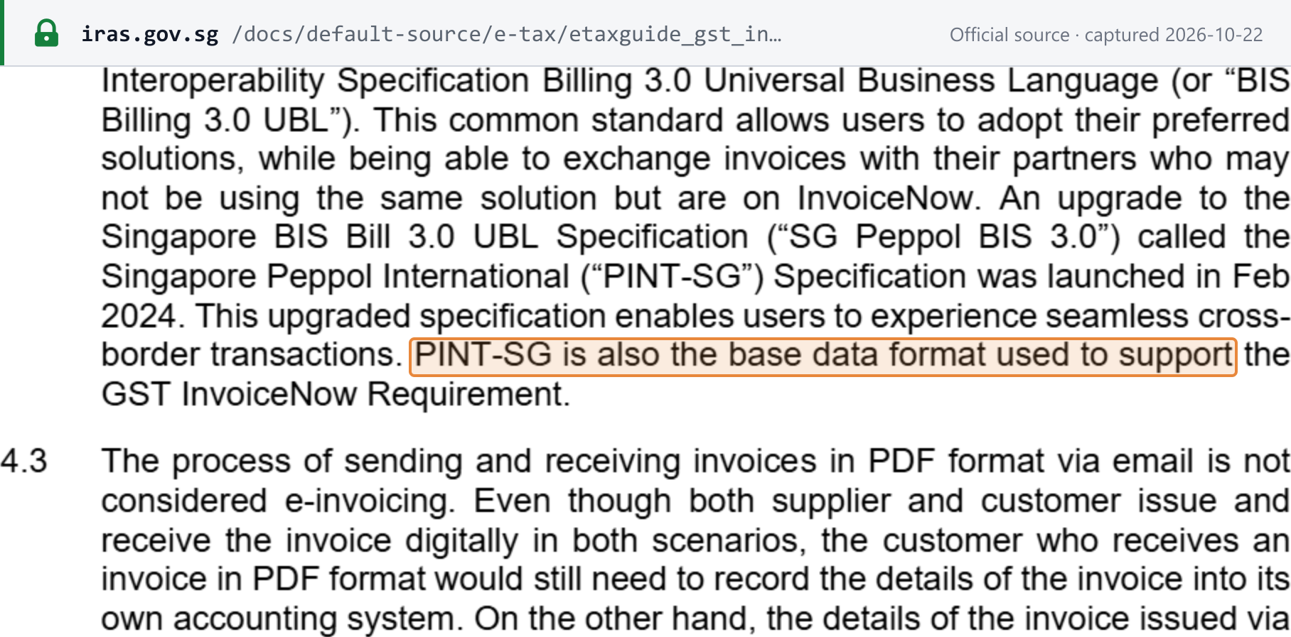 Source snapshot — IRAS e-Tax Guide §4.2–4.3: PINT-SG, launched in Feb 2024, is the base data format used to support the GST InvoiceNow Requirement; PDF invoices sent by email are not e-invoicing