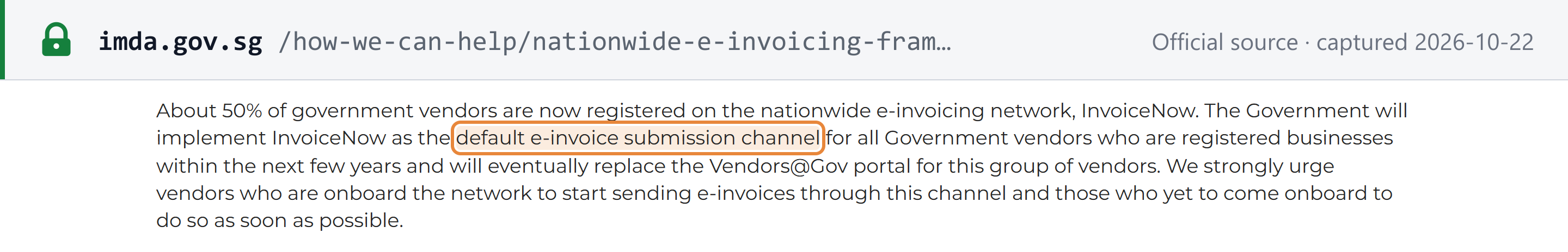 Source snapshot — IMDA InvoiceNow page: the Government will implement InvoiceNow as the default e-invoice submission channel for Government vendors who are registered businesses within the next few years, eventually replacing Vendors@Gov for them