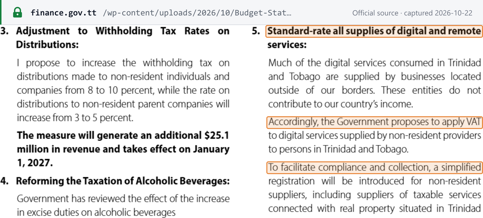 Source snapshot — digital services proposal: Budget Statement 2027 p. 28, item 5 "Standard-rate all supplies of digital and remote services" — the Government proposes to apply VAT to digital services supplied by non-resident providers to persons in Trinidad and Tobago; a simplified registration will be introduced for non-resident suppliers, including suppliers of taxable services connected with real property