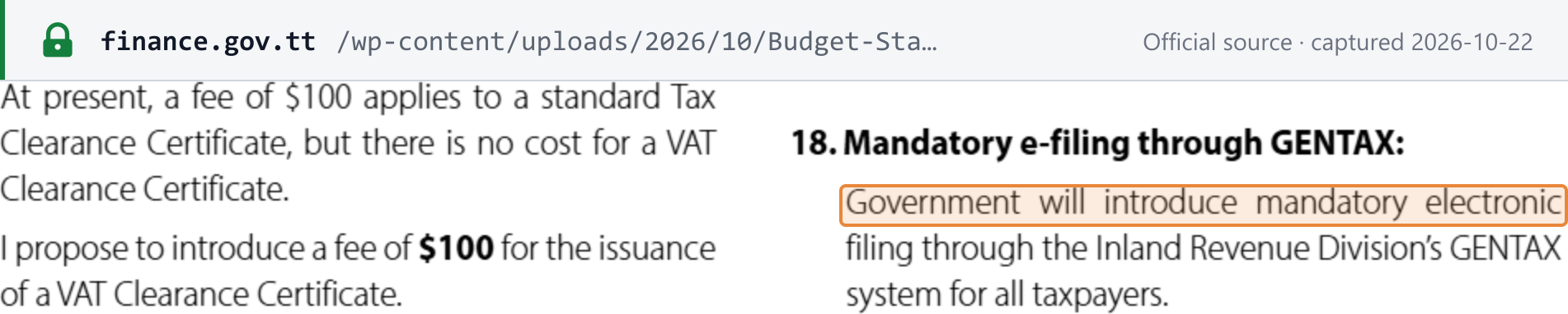 Source snapshot — e-filing proposal: Budget Statement 2027 p. 31, item 18 "Mandatory e-filing through GENTAX" — Government will introduce mandatory electronic filing through the Inland Revenue Division's GENTAX system for all taxpayers (no date given); the left column is the end of item 15, the proposed VAT clearance certificate fee