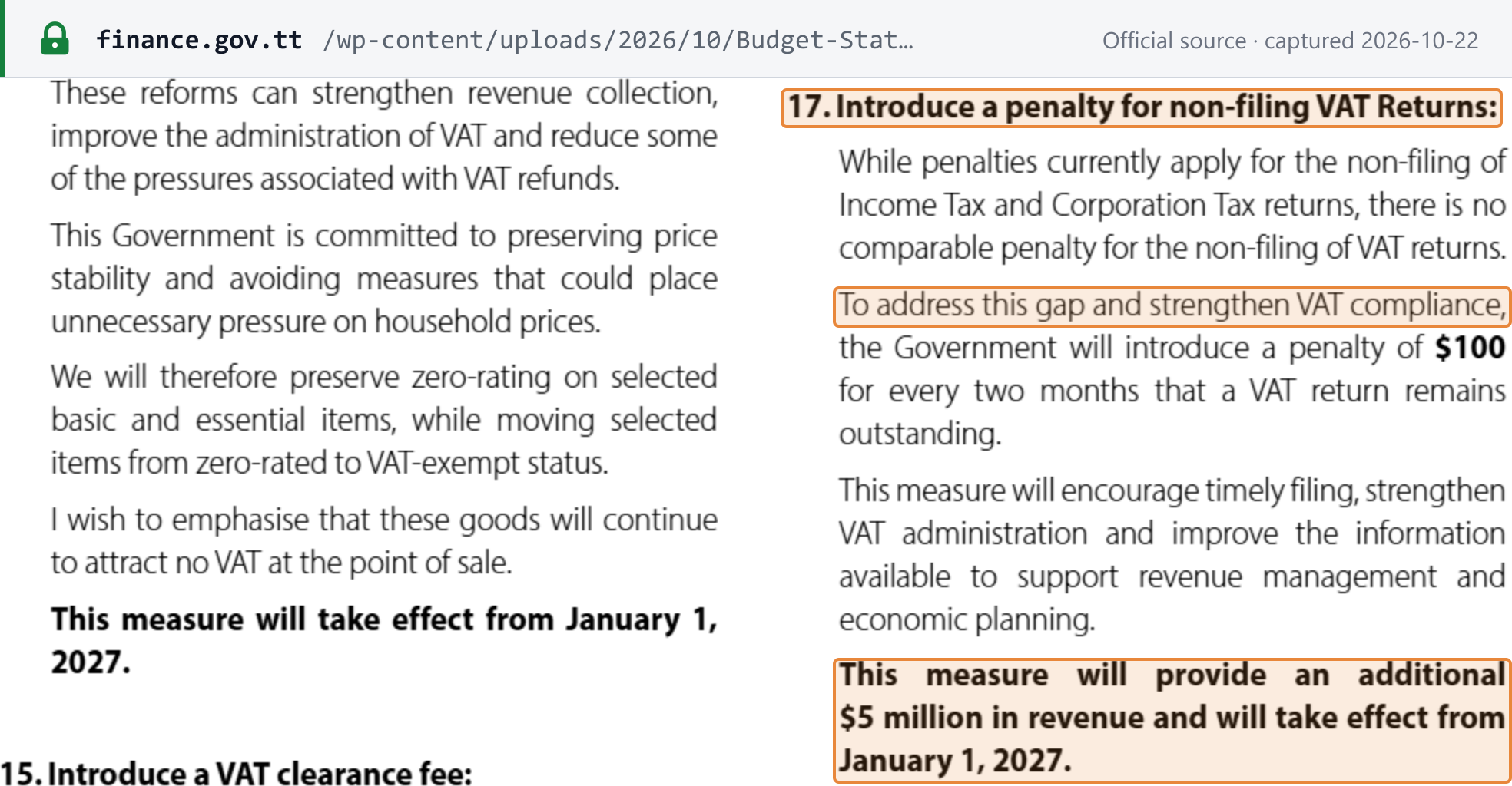 Source snapshot — proposed non-filing penalty: Budget Statement 2027 p. 31, item 17 "Introduce a penalty for non-filing VAT Returns" — a penalty of $100 for every two months that a VAT return remains outstanding, taking effect from January 1, 2027; the left column is item 14 (zero-rated to exempt)