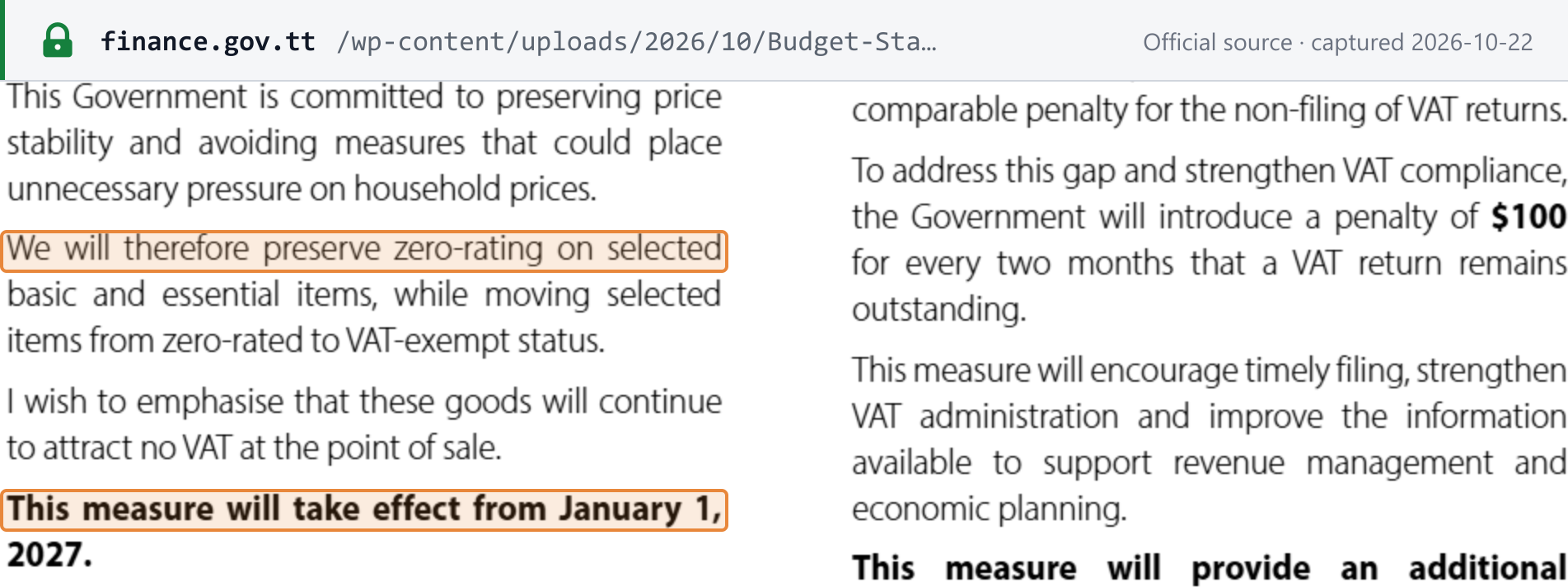 Source snapshot — announced change (proposal): Budget Statement 2027 p. 31, item 14 — the Government will preserve zero-rating on selected basic and essential items while moving selected items from zero-rated to VAT-exempt status; this measure will take effect from January 1, 2027