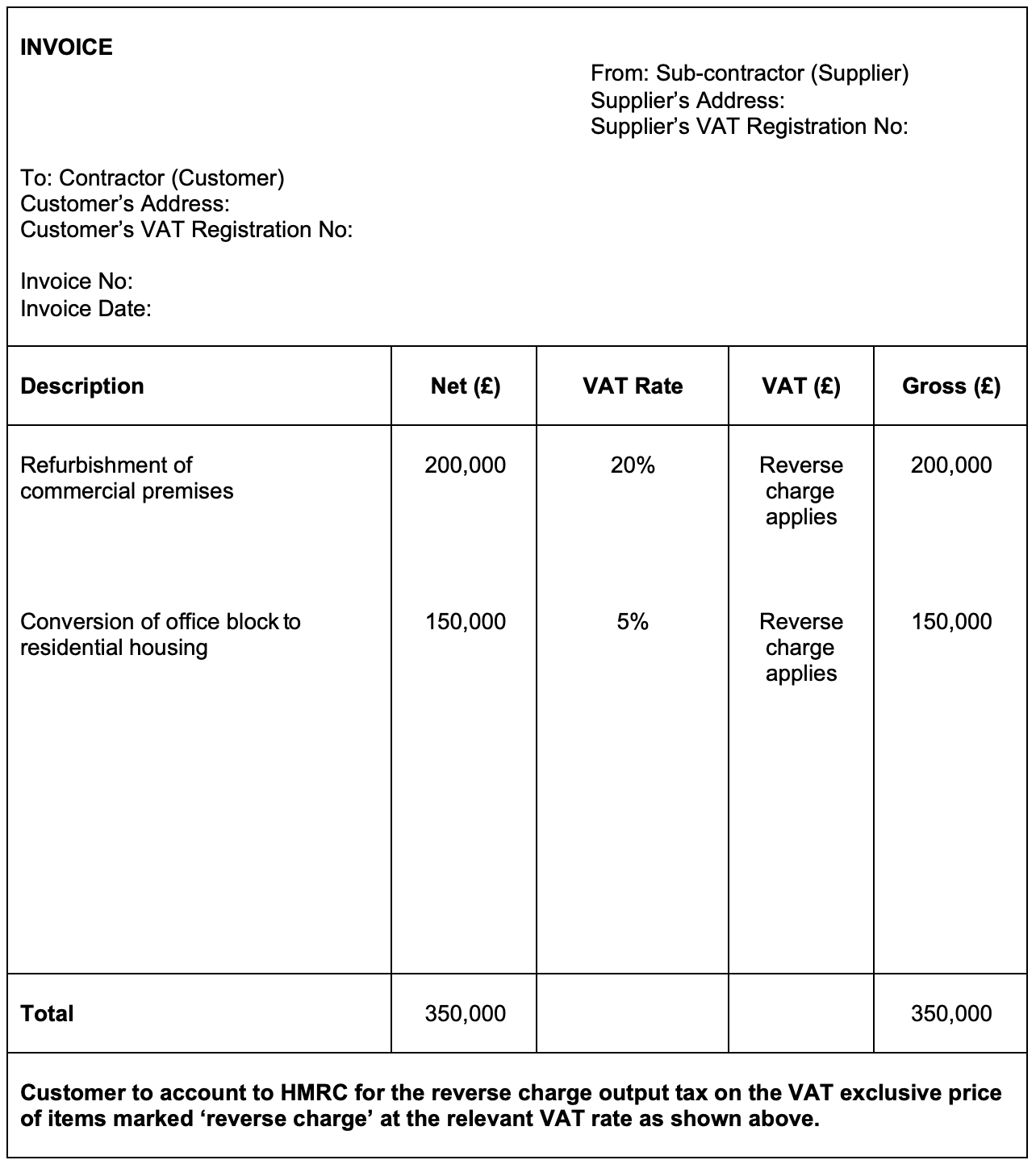Example of a reverse charge invoice