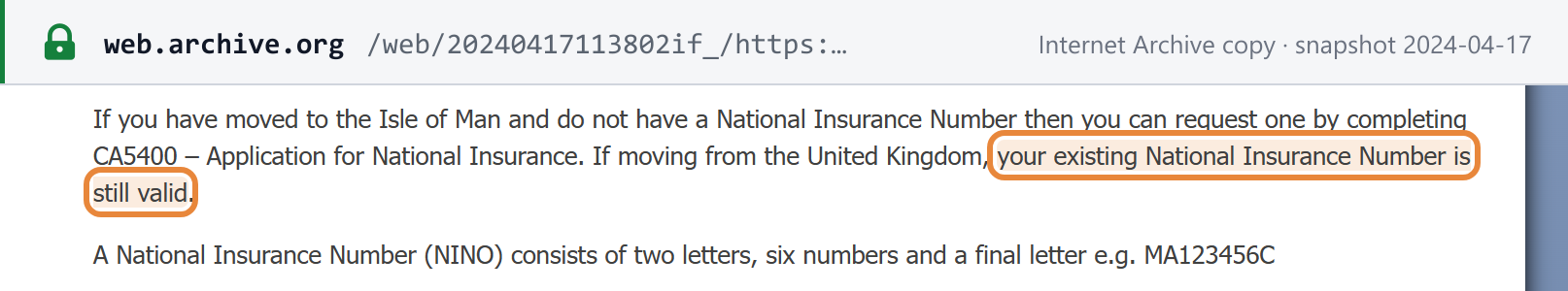 Capture de la source (copie Internet Archive, 17 avril 2024) — gouvernement de l'Île de Man : en cas d'arrivée du Royaume-Uni, votre numéro de National Insurance existant reste valable ; un NINO se compose de deux lettres, six chiffres et une lettre finale