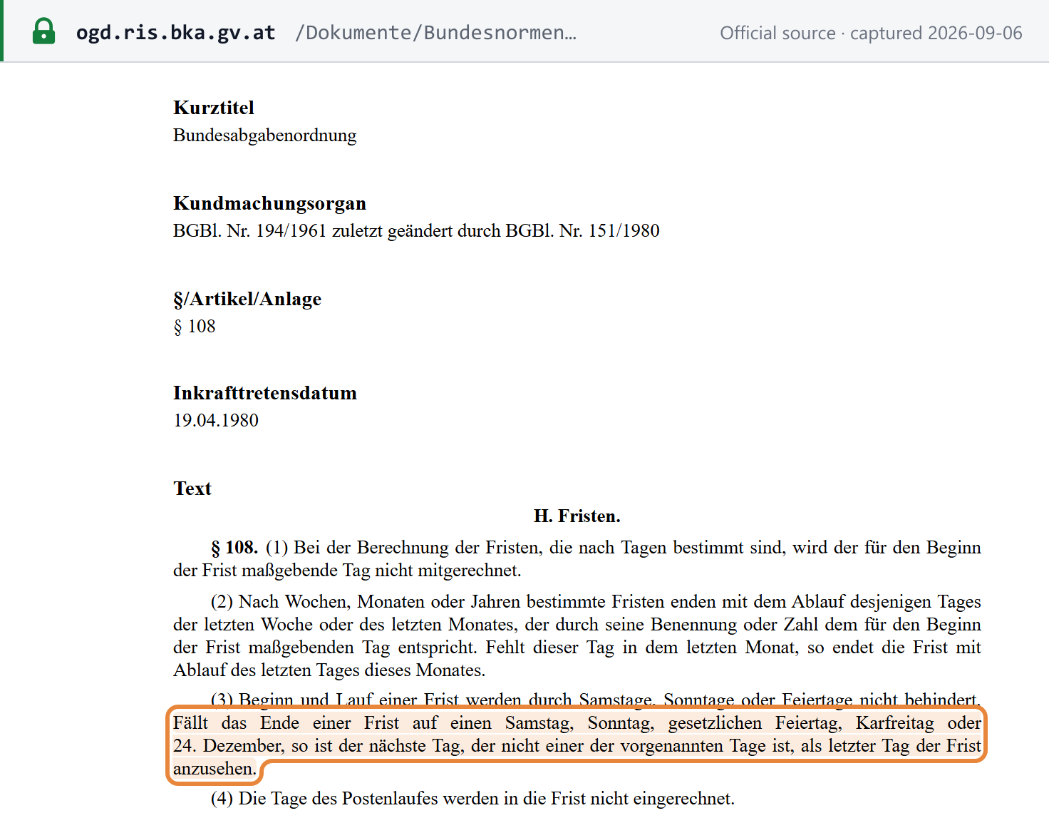 Screenshot of the official source stating the rule that governs Austria's deadlines