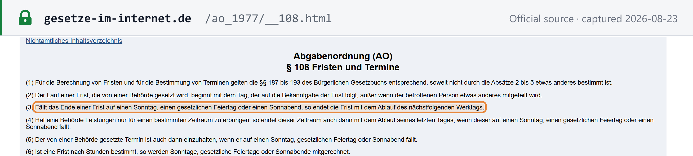 Screenshot of the official source stating the rule that governs Germany's deadlines