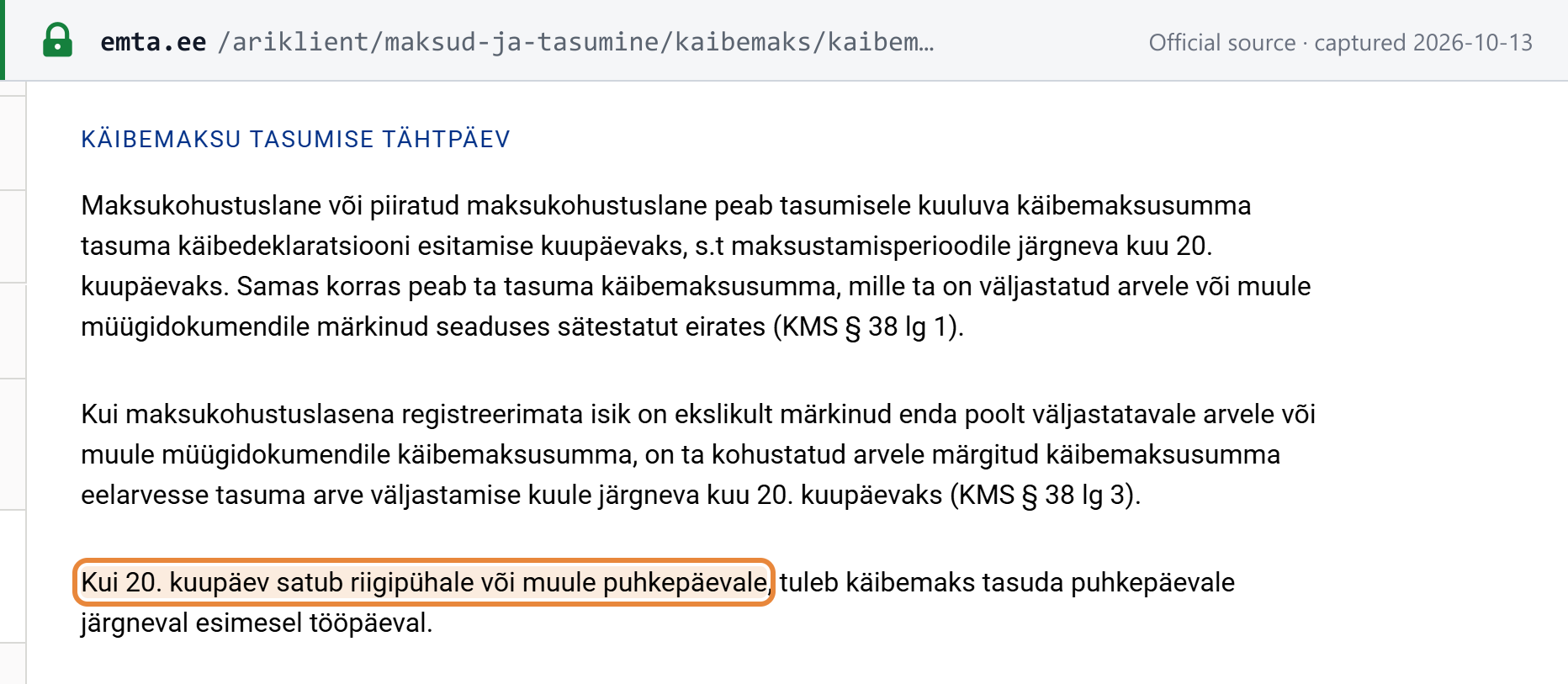 Screenshot of the official source stating the rule that governs Estonia's deadlines
