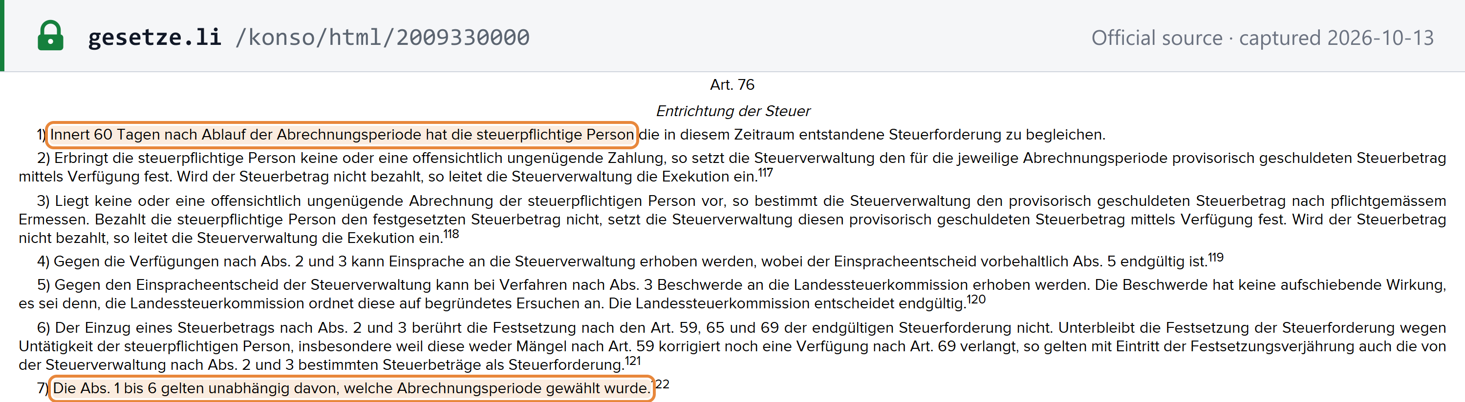 Screenshot of the official source stating the rule that governs Liechtenstein's deadlines