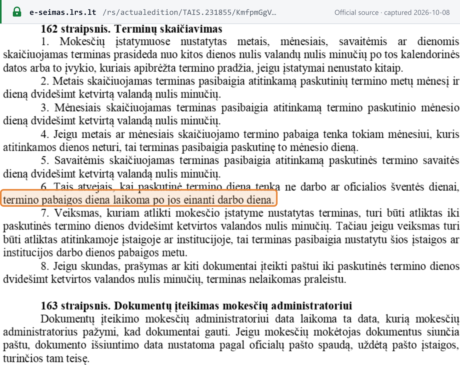 Screenshot of the official source stating the rule that governs Lithuania's deadlines