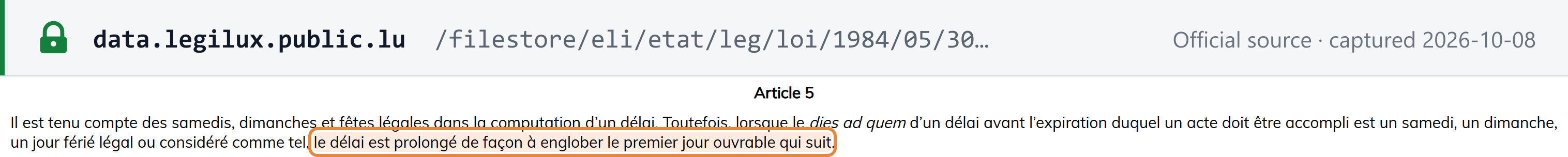 Screenshot of the official source stating the rule that governs Luxembourg's deadlines