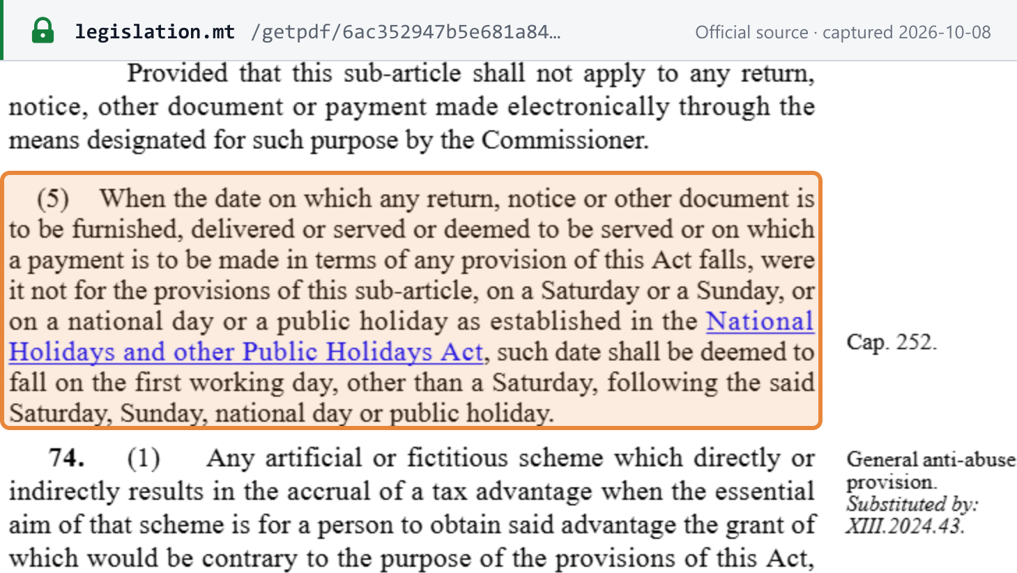 Screenshot of the official source stating the rule that governs Malta's deadlines