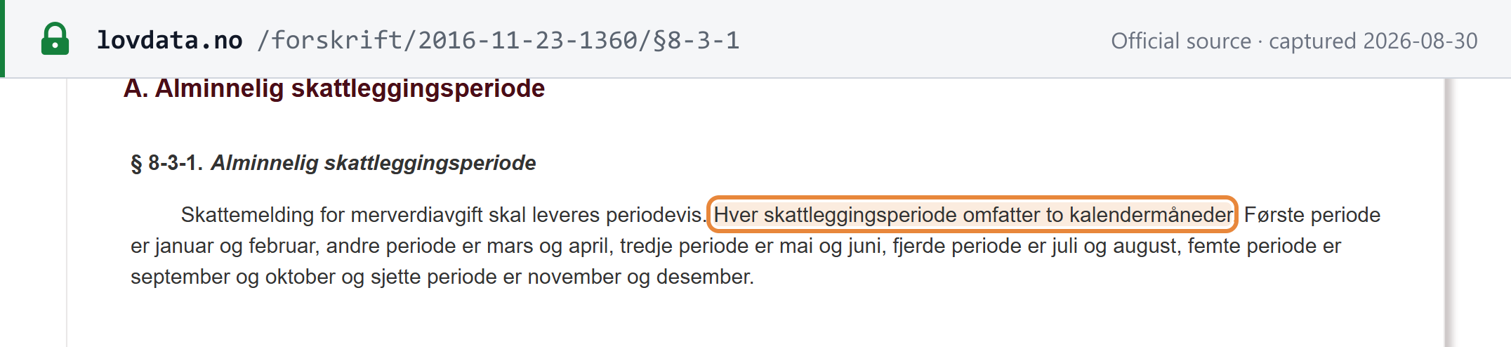 Screenshot of the official source stating the rule that governs Norway's deadlines