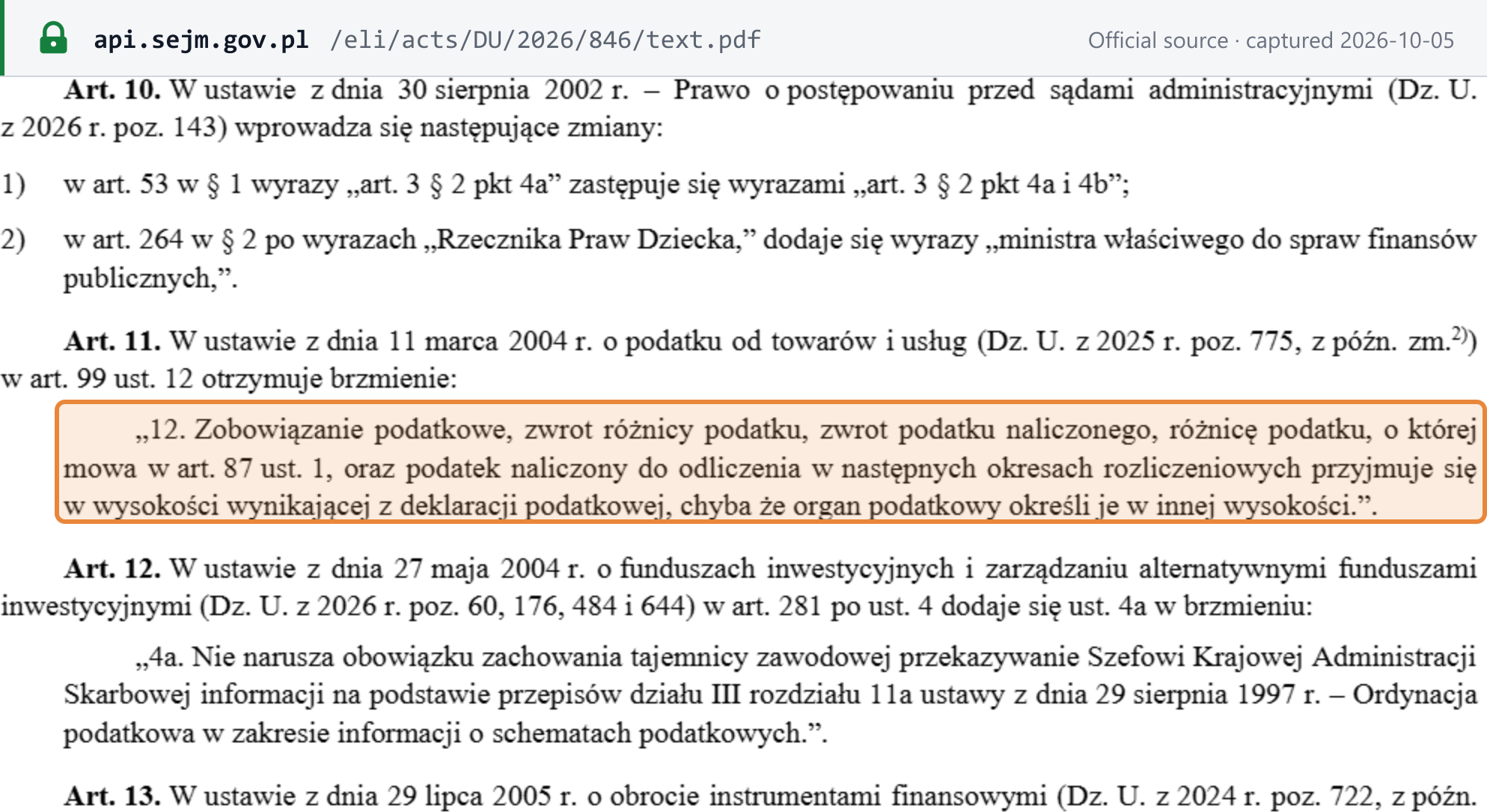 Screenshot of Dziennik Ustaw / Sejm ELI API captured 5 October 2026, showing the quoted passage
