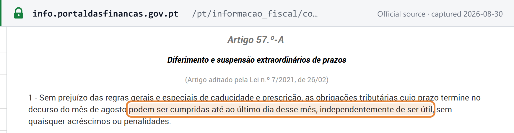 Screenshot of the official source stating the rule that governs Portugal's deadlines