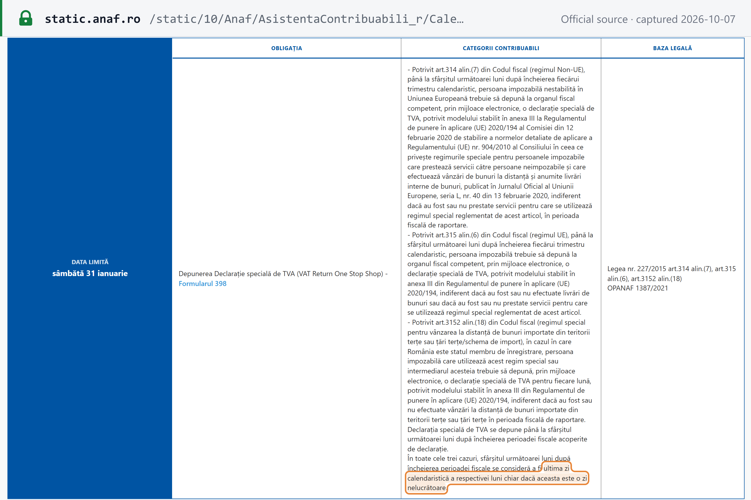 Screenshot of the official source stating the rule that governs Romania's deadlines