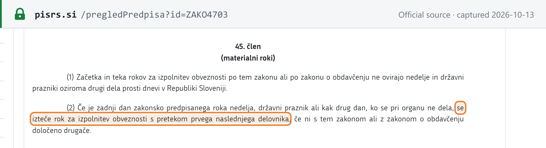 Screenshot of the official source stating the rule that governs Slovenia's deadlines
