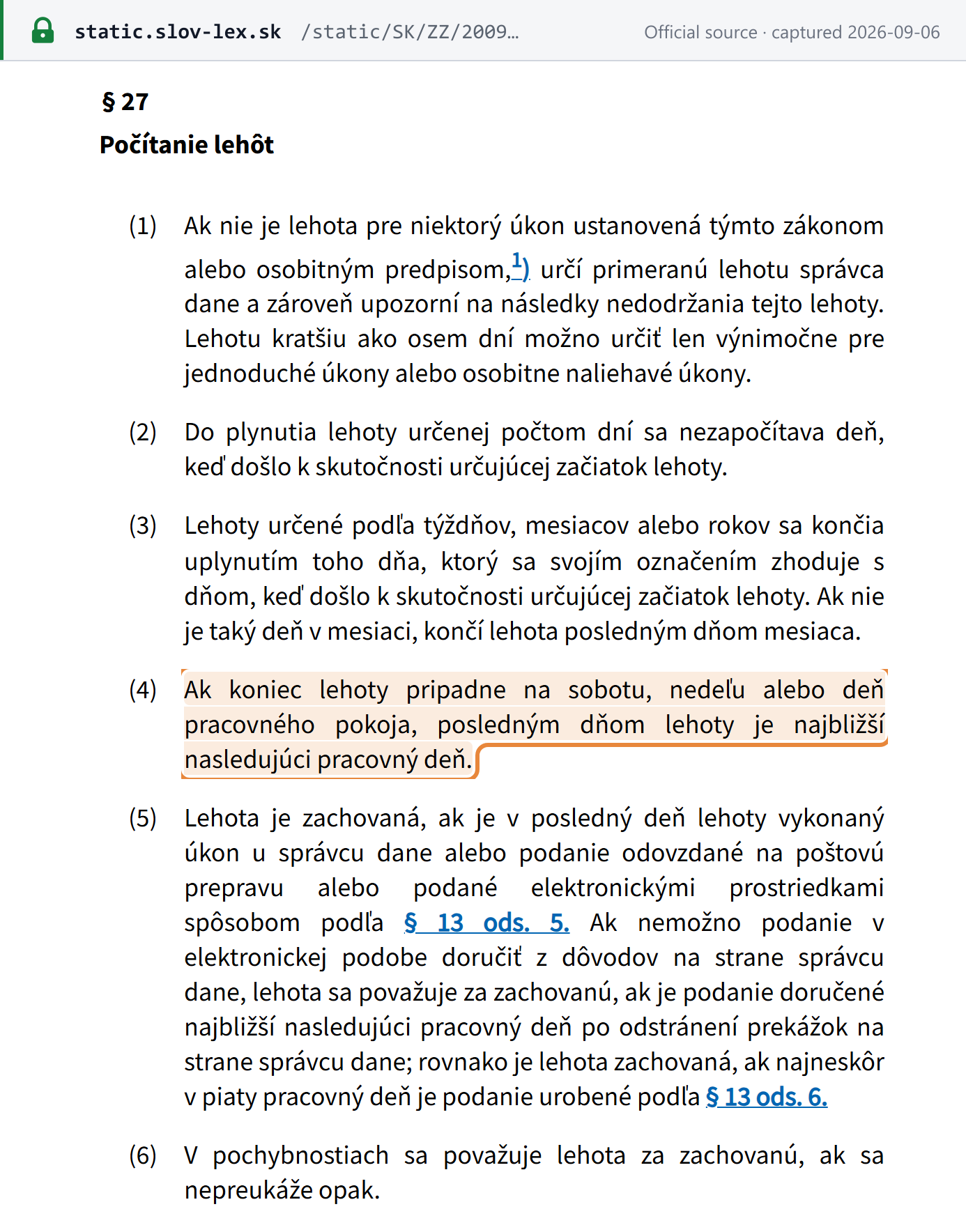 Screenshot of the official source stating the rule that governs Slovakia's deadlines
