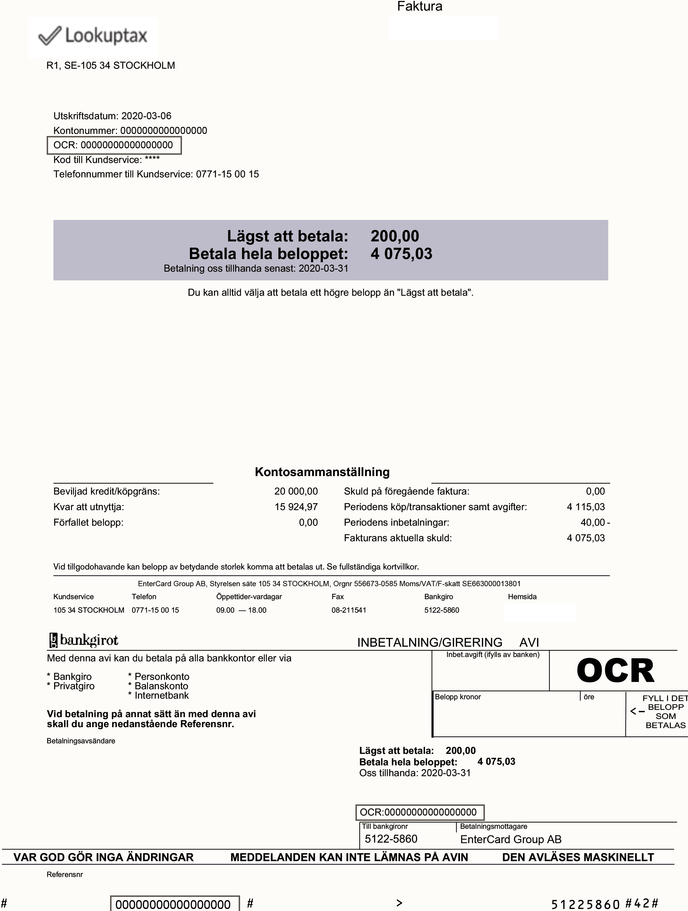 Sample Invoice with OCR number in Sweden