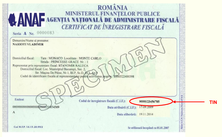 CIF on Certificate for Tax Registration