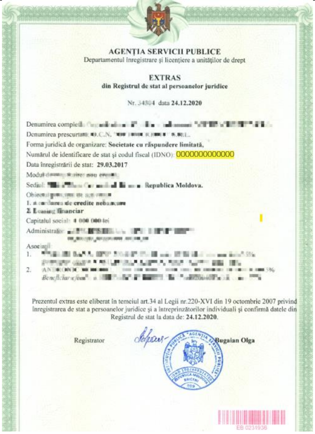 Registration Certificate for Entities