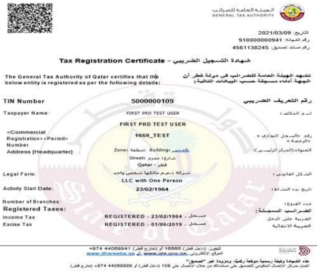 Qatar Registration Certificate
