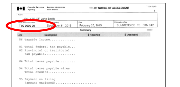 Trust Account Number on notices of tax assessment