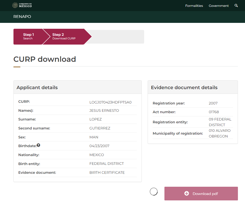 Successful UID Verification on gob.mx website