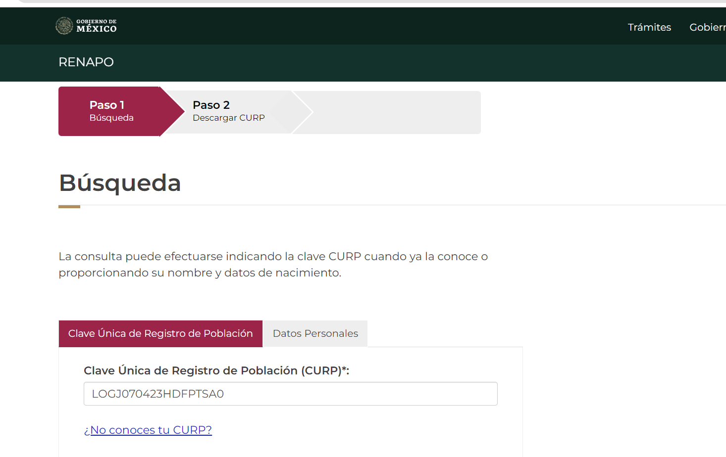 CURP Verification on gob.mx website