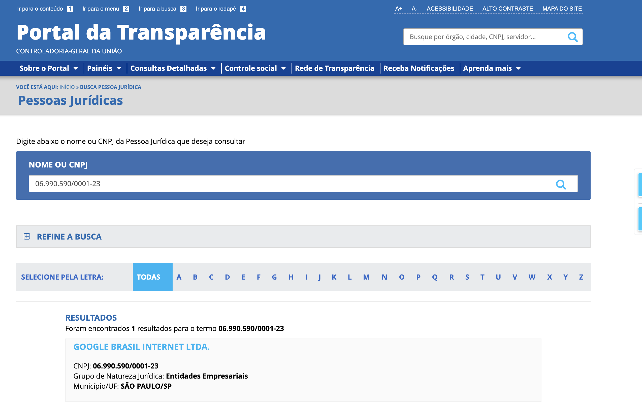 CNPJ Search on Transparency Portal
