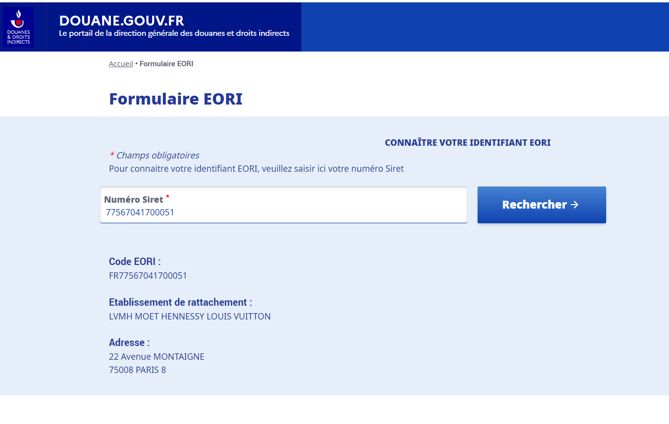 Successful EORI Verification on Douane website