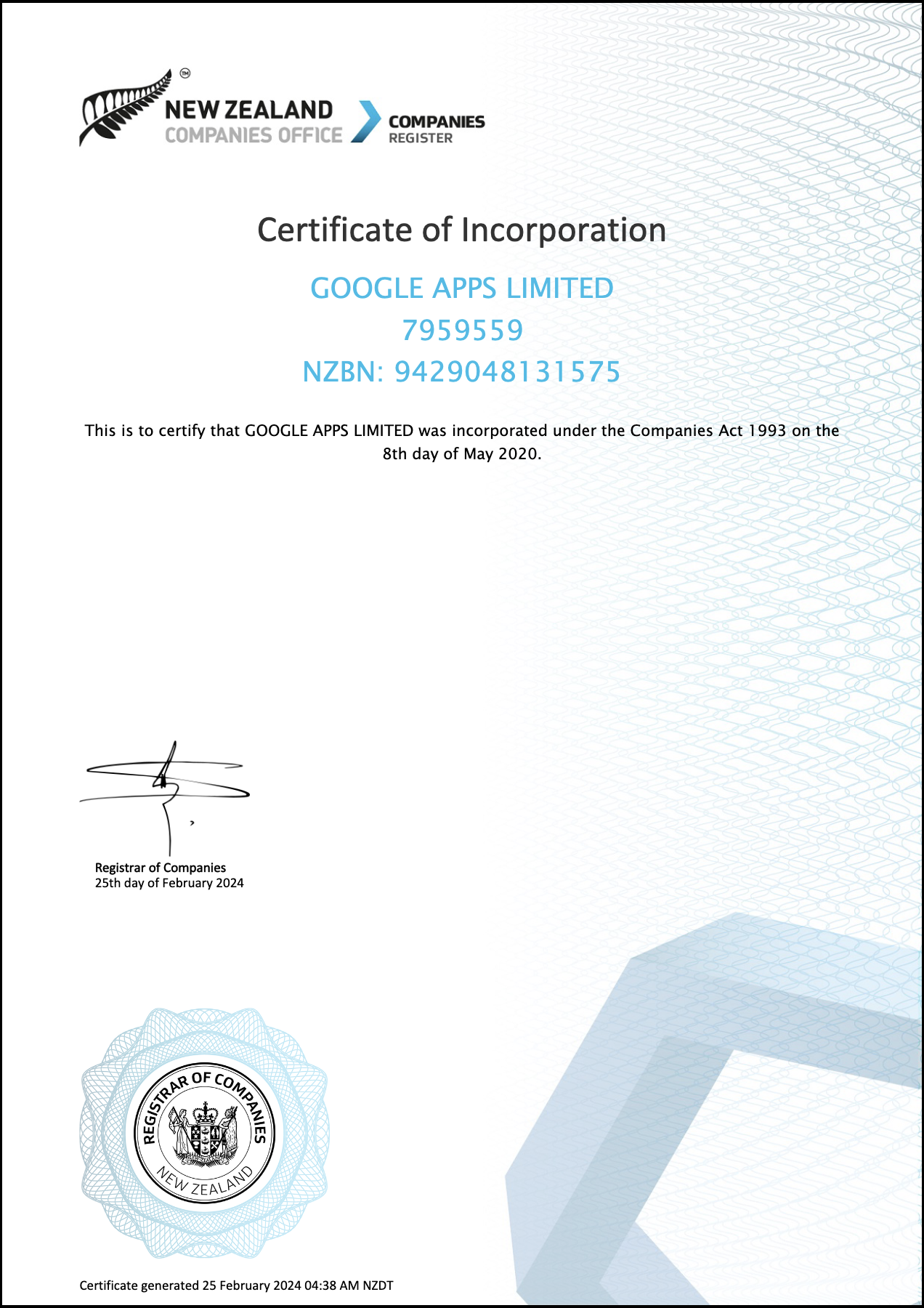 Incorporation certificate
