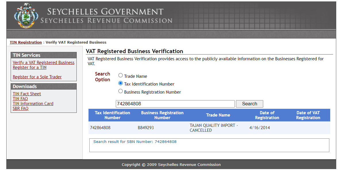 TIN Verification on egov site in Seychelles