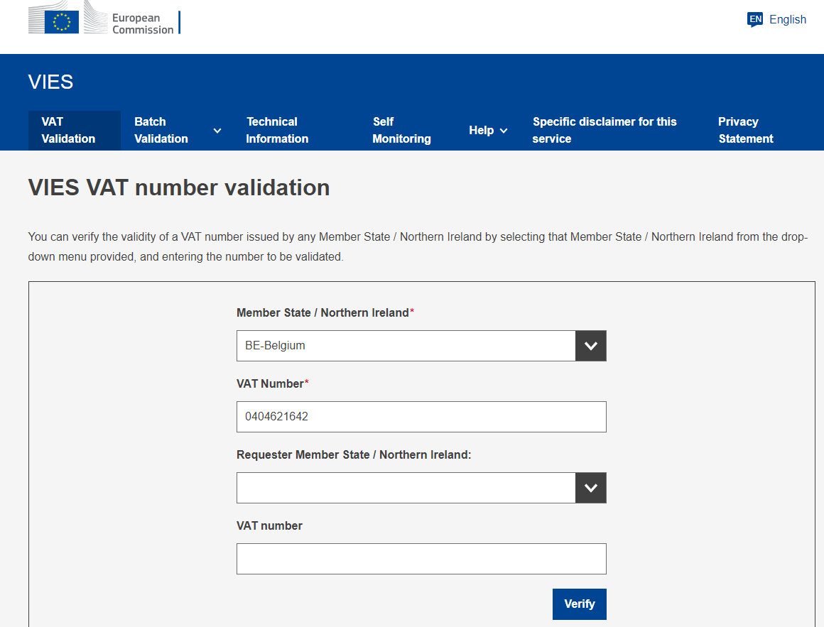 Belgium VAT validation on VAT VIES website
