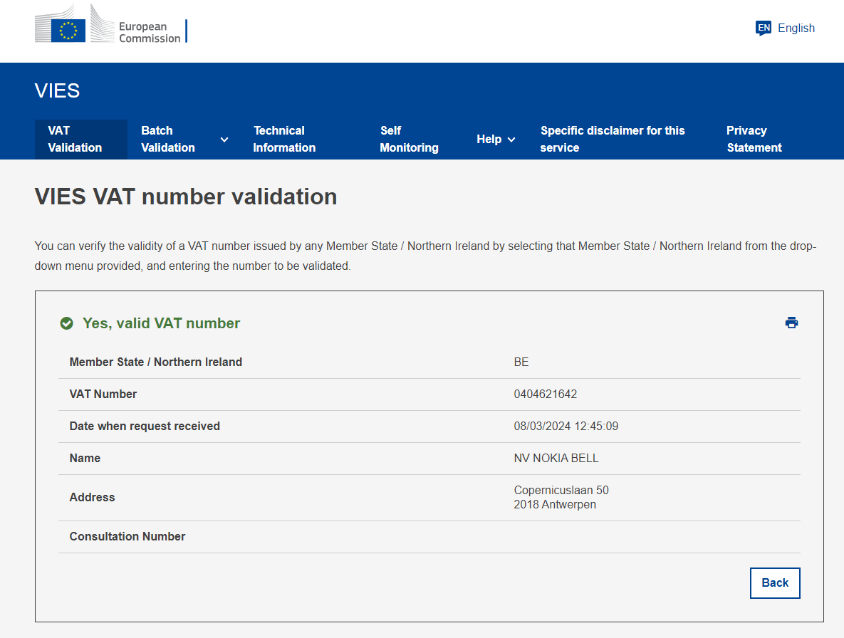 Successful Belgium VAT Verification