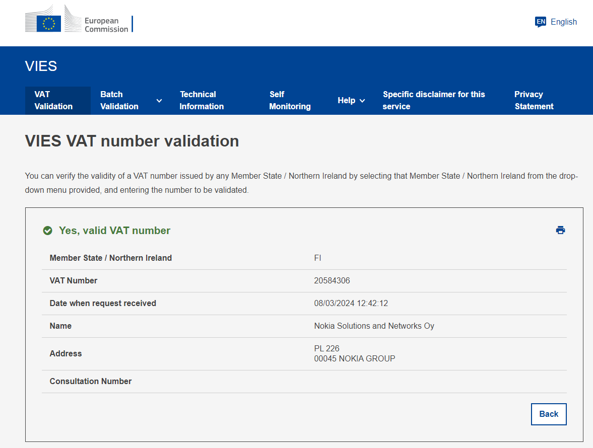 Successful Finland VAT Verification
